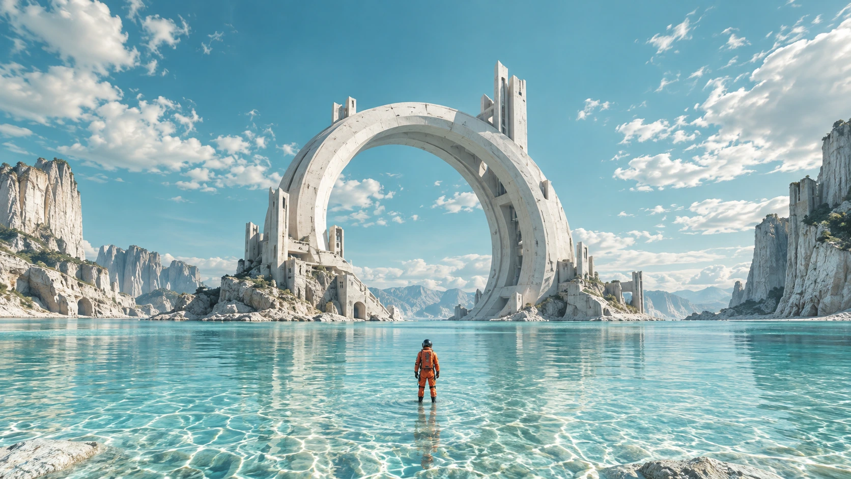 An orange-suited explorer facing a monumental arch in a turquoise sea, an imaginative AI concept artwork
